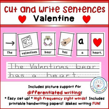 Valentine Picture Word Cut and Write Sentences for Kindergarten and First Grade