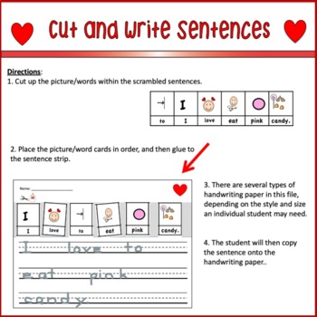 Valentine Picture Word Cut and Write Sentences for Kindergarten and First Grade - Image 2